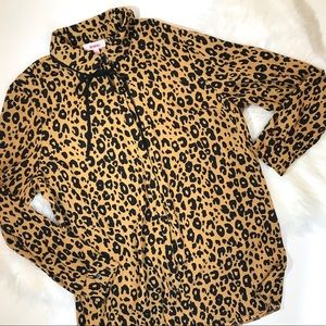 Leopard Print Pussy Bow Button Up Career Blouse